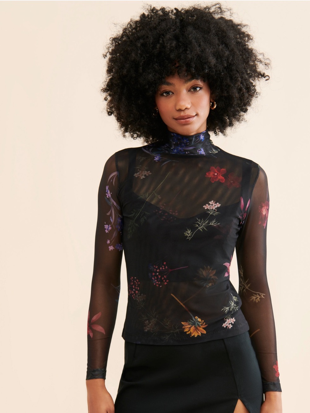 Especia Colza mesh Floral Sheer Mock Neck Long-Sleeve Top Medium